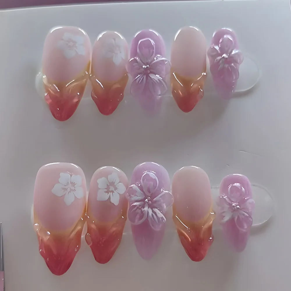 

24Pcs Mid-length French Almond Fake Nails Press on 3D Ripple Flower Pearl False Nails Purple Smudge Reusable Full Cover Nail Tip