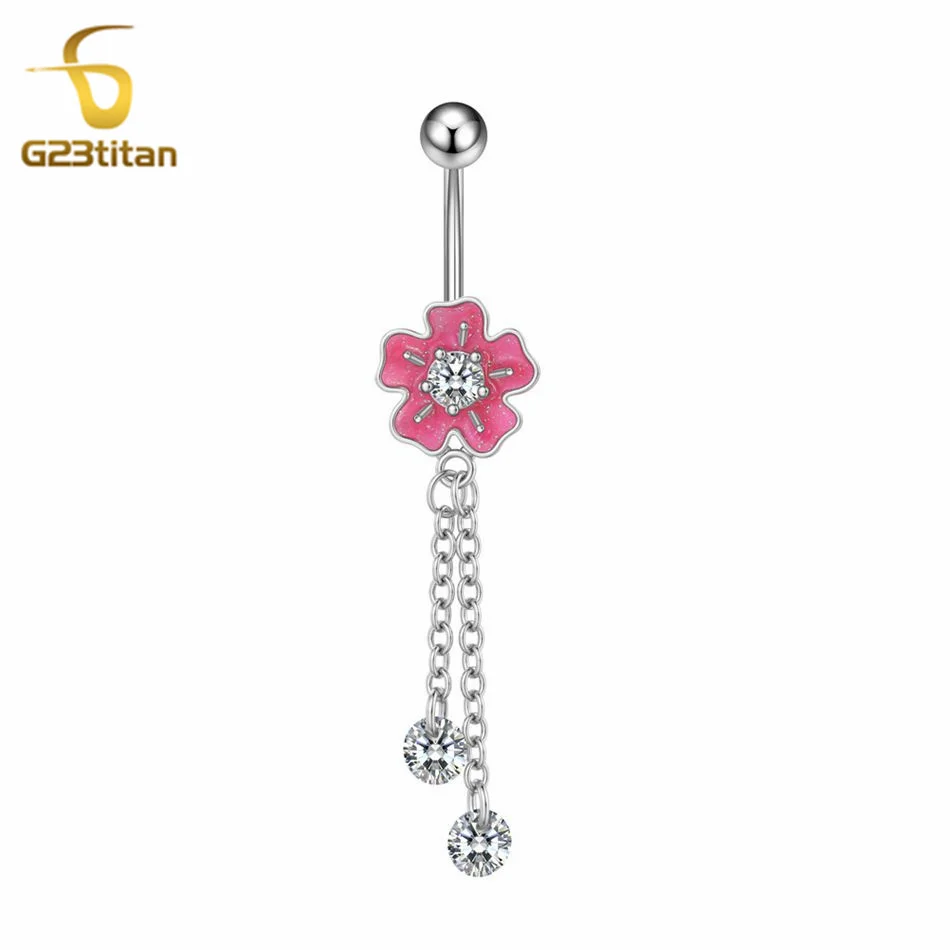 G23titan Charm Pink Flower Zircon Round Pendant Navel Ring 14G Titanium Barbell Belly Button Ring Piercing Women Jewelry Ombligo