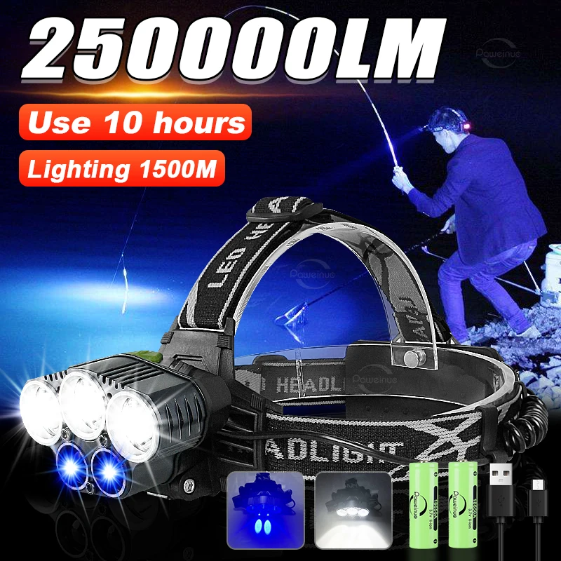 

Супер яркий налобный фонарь с фитилем T6, перезаряжаемая водонепроницаемая фара, белый и синий свет, налобный фонарь, уличный фонарь для кемпинга, охоты