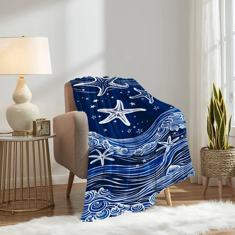 Nautical Ocean Waves Starfish Beach Night Blue Pattern Throw Blanket Cozy Home Decor Gift