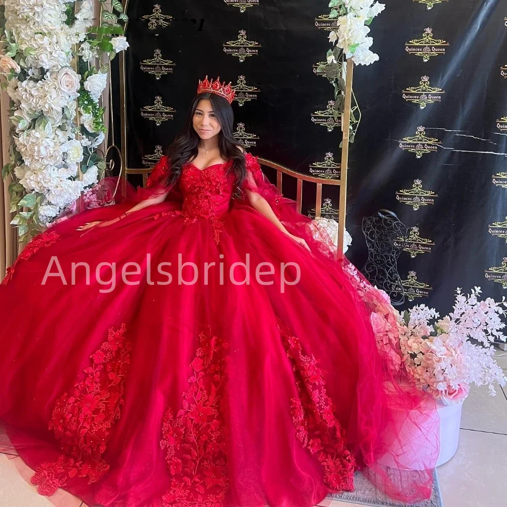 Angelsbride Glamorous Red Ball Gown Quinceanera Dresses With Appliques Bow Cinderella Birthday Party Gown Vestido De 15 Años