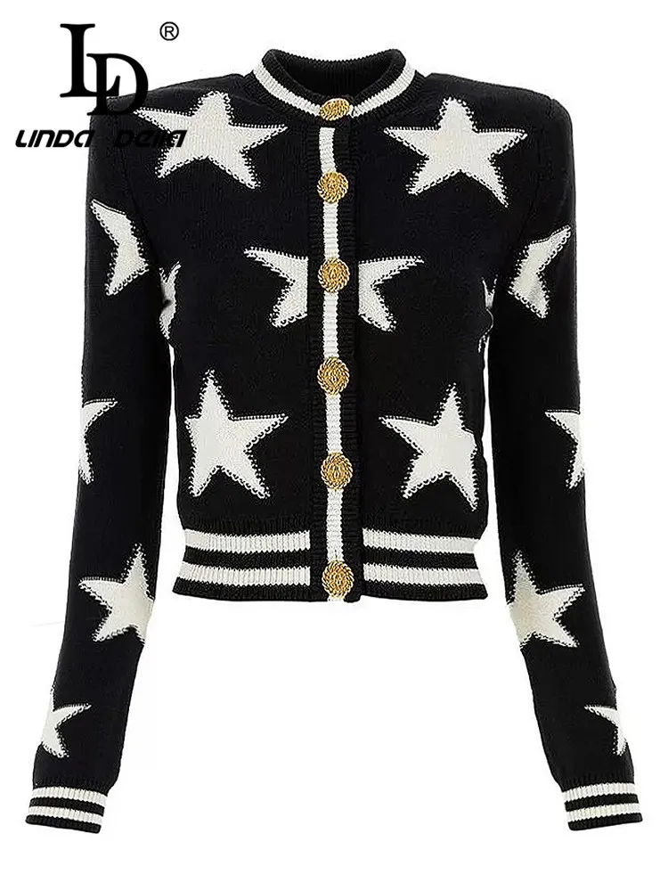 LD LINDA DELLA 2024 Spring Vintage Black sweater Women\'s Long sleeves Star single breasted Slim Shirt Cardigan