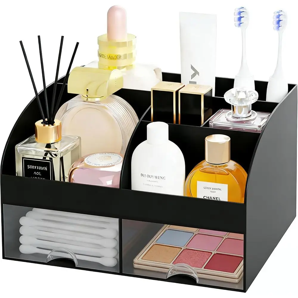 Makeup Organizer with 2 Drawers, Cosmetic Storage for Vanity and Bathroom Countertop, Makeup and Skincare Storage with Beauty Br