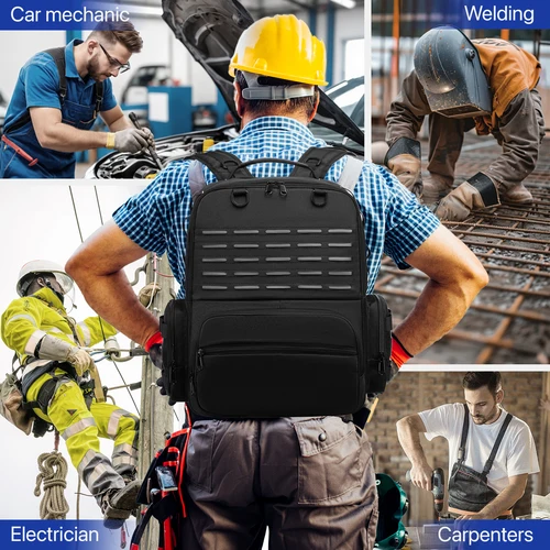 Imagen 2 del producto Mochila de herramientas resistente para hombres, almacenamiento de herramientas con 3 bolsas de herramientas, organizador, bolsas de herramientas para trabajadores de mantenimiento de fontanero y electricista