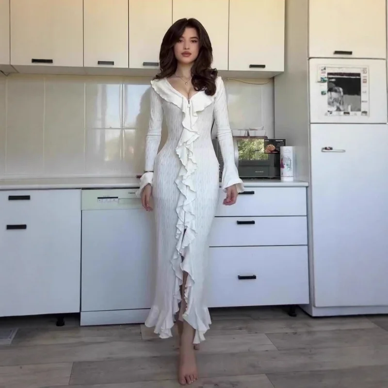 

2025Spring New Style Warm Slim Fashionable Elegant Long Sleeve Long Dress for Women
