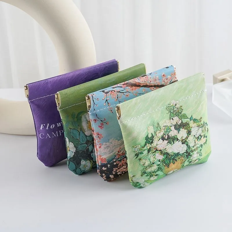 Oil-painting fabric auto-open mini makeup pouch, fits cables, charger, lipstick & earbuds, artistic & portable.