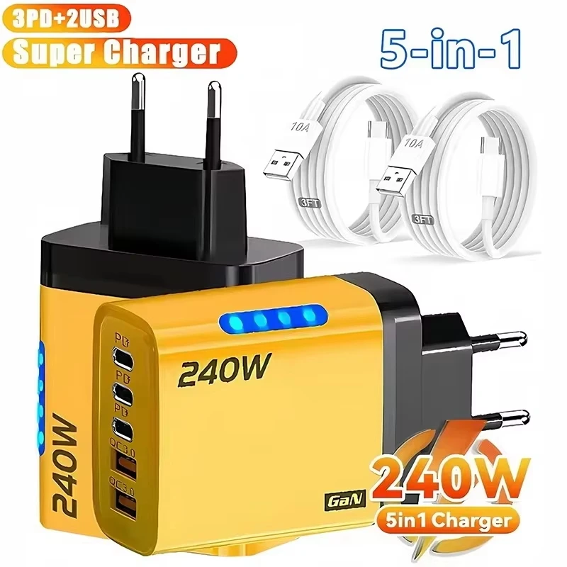 240w Gan Fast Charger With Led Light 5 In 1 2usb+3type-C Multi Port Phone Charger For Iphone15-17Series Samsung Huawei Xiaomi 15
