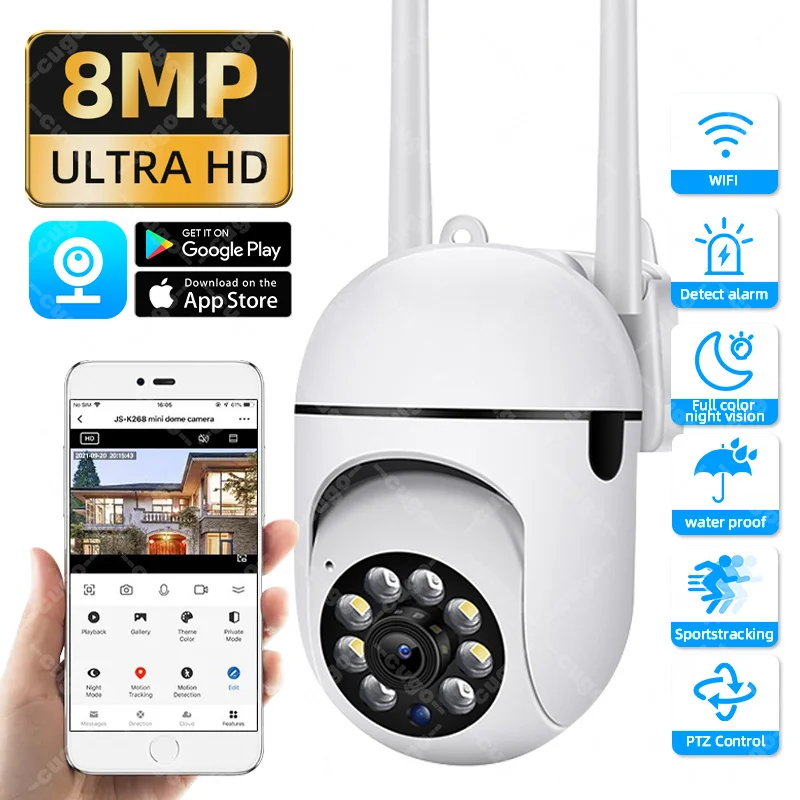 8MP Wifi Wireless Security Camera PTZ Panorama CCTV Human Tracking Smart Home Surveillance Cam Color Night Vedio Monitor Cameras