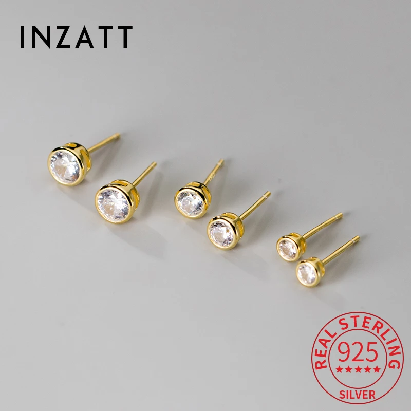 INZATT Real 925 Sterling Silver 4/5/6mm Zircon Round Stud Earrings For Women Party Classic Fine Jewelry Minimalist Accessories