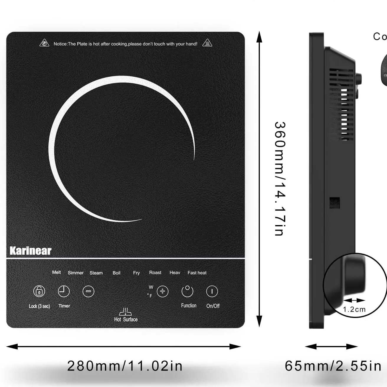 Piano cottura portatile in ceramica Karinear per TUTTI pentole, Pulg in piano cottura elettrico singolo con timer da 4 ore, 9 livelli di potenza fino a 2000 W
