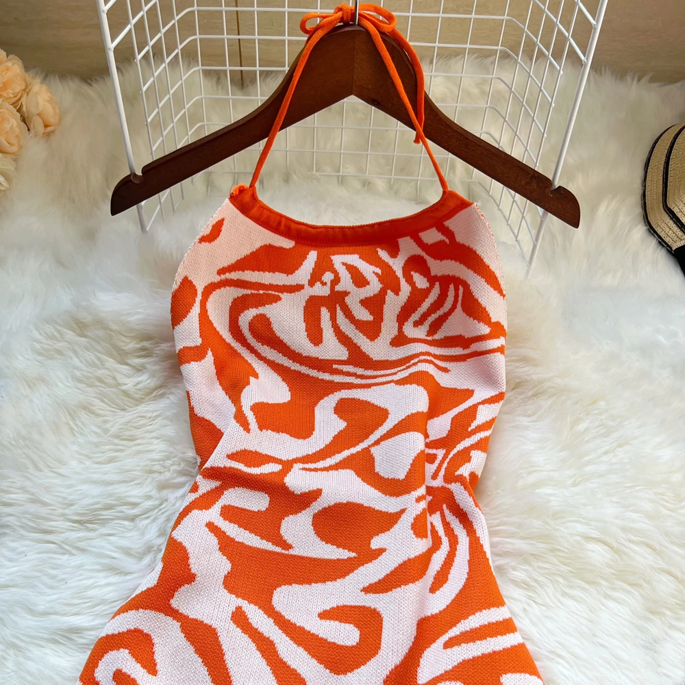 YuooMuoo Chic Fashion Sexy Package Hips Leopard Knitted Dress 2025 Summer Women Halter Bodycon Mini Dress Korean Beach Vestidos