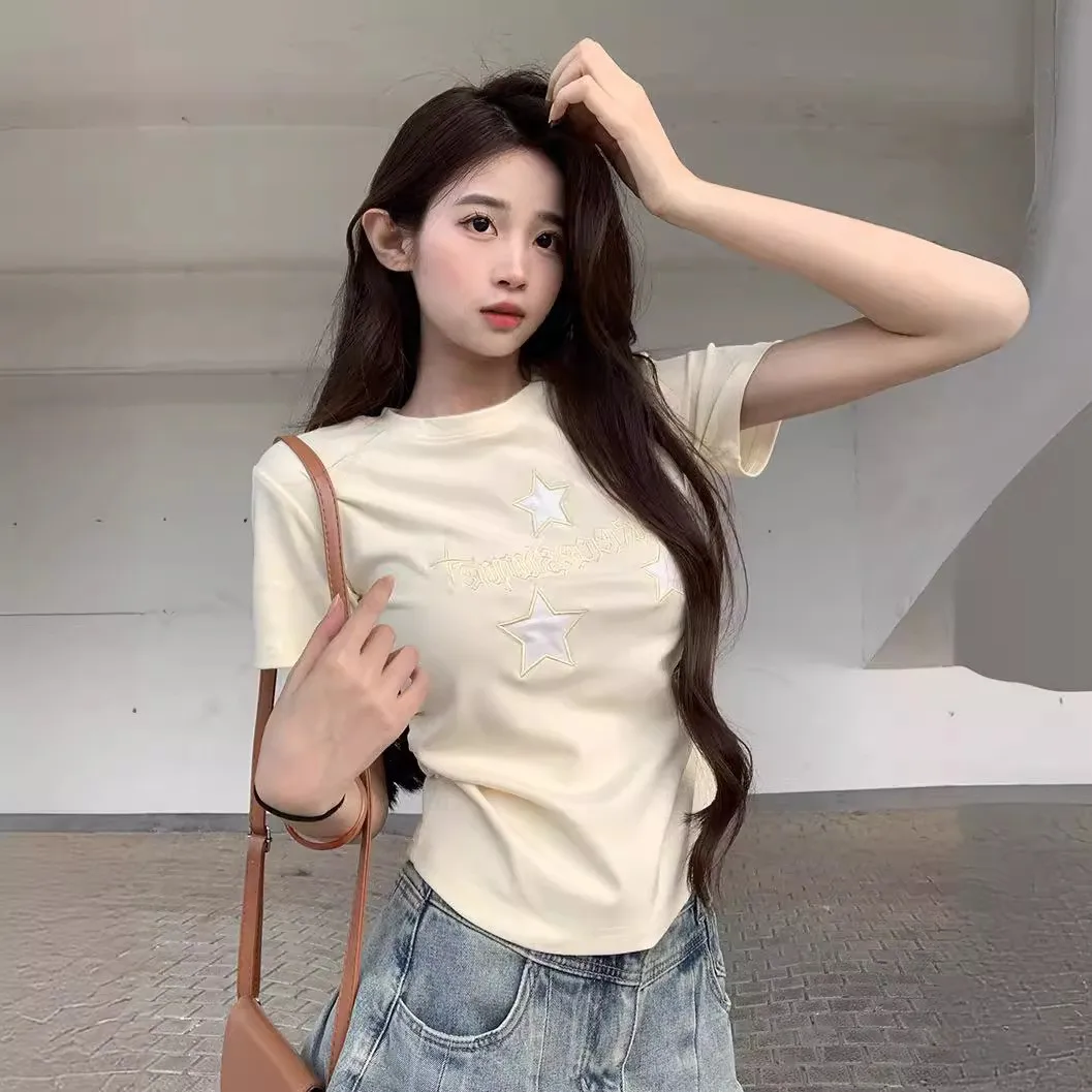 Original Star Embroidery Korean Sle ort Sve round Ne T-irt Women's Faion Summer New ort Waist-Cinching Top