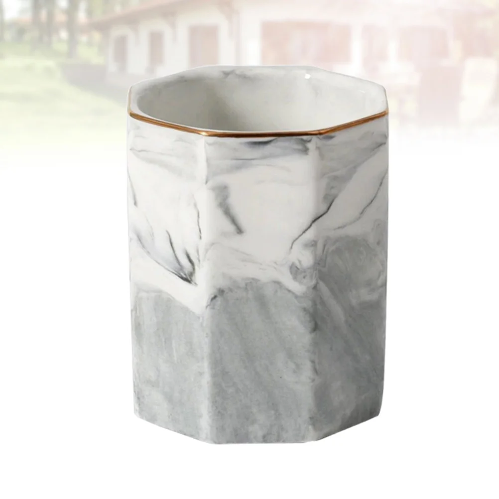 1 قطعة كوب تخزين سيراميك على الطراز الشمالي نمط رخامي منظم حامل قلم خفيف الوزن رمادي ذهبي حافة #4