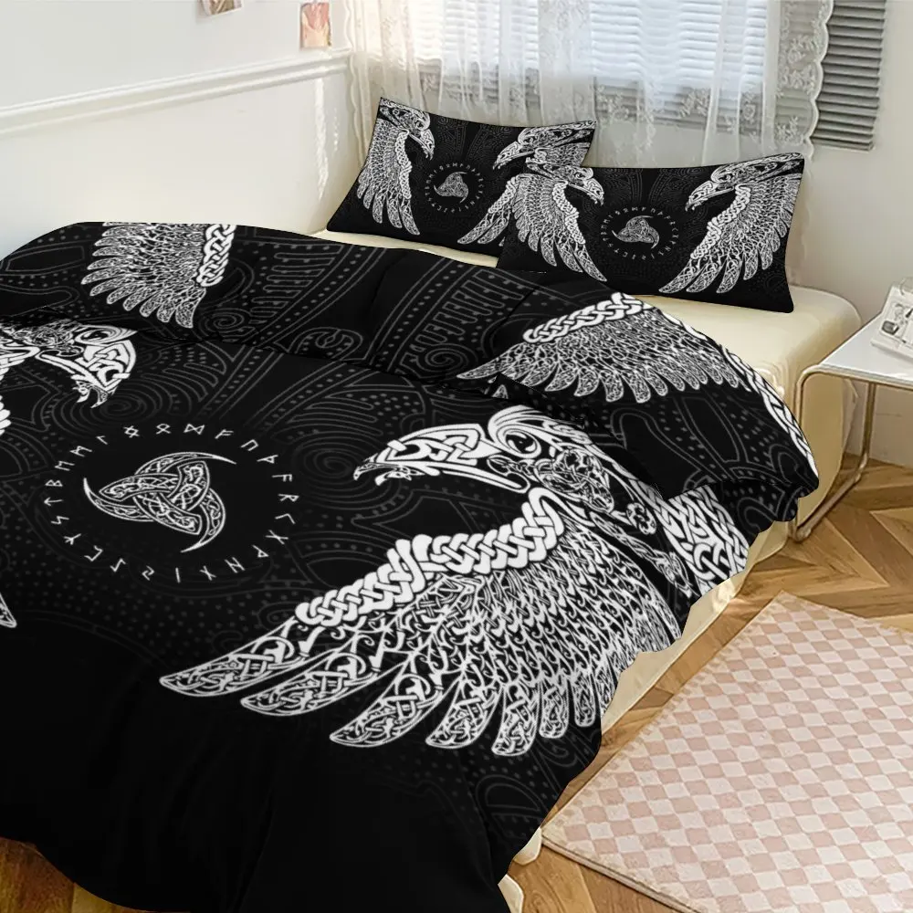 VIKING Ravens Norse Three Piece Bedding Set Children or Adults for Beds Quilt Covers Birthday Gifts for Women Men