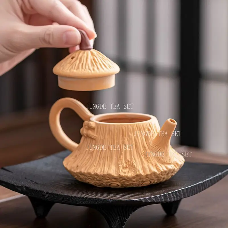 170ml Bionic Grass Texture Ceramic Teapot with Natural Branch Knob Artisan Kung Fu Tea Pot for Tea Ceremony and Collection