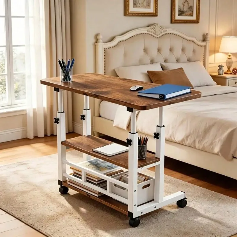 Height Adjustable 3-Tier Mobile Computer Desk, Rolling Laptop Cart With Knob Lifting Design, Lockable Universal Caster Wheels, Metal Frame Space-Saving Portable Workstation For Home Office.