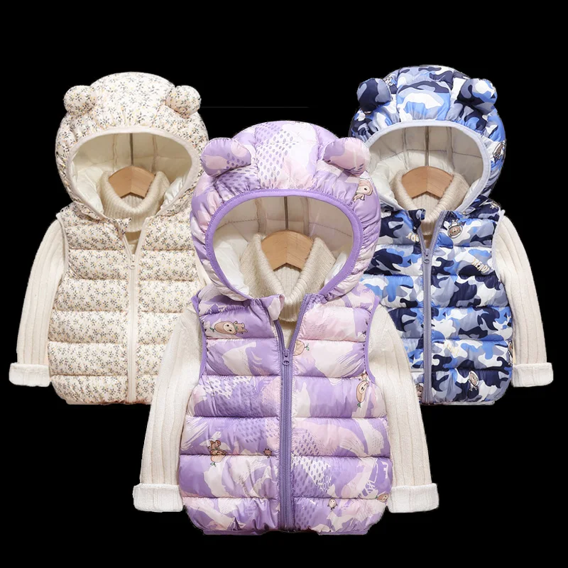 الفتيان الفتيات أسفل سترة 2025 جديد الاطفال شتاء دافئ مطبوعة صدرية آذان الطفل مقنعين ملابس خارجية الأطفال الخريف ملابس كاجوال 1-5Y