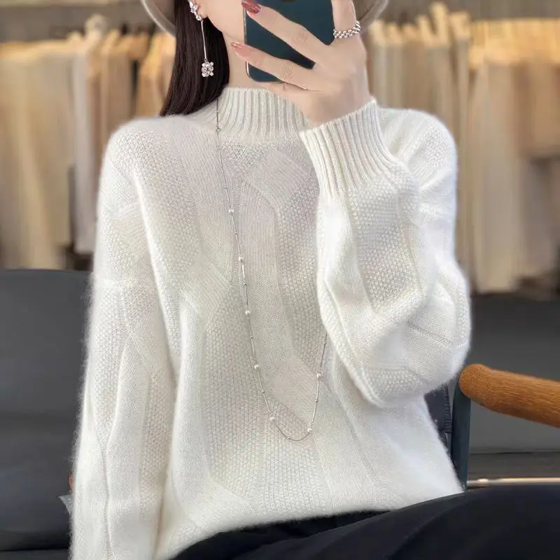 Women\'s pullovers fall/winter high-quality soft 100% merino wool sweater with half high neck and thick cashmere sweater top