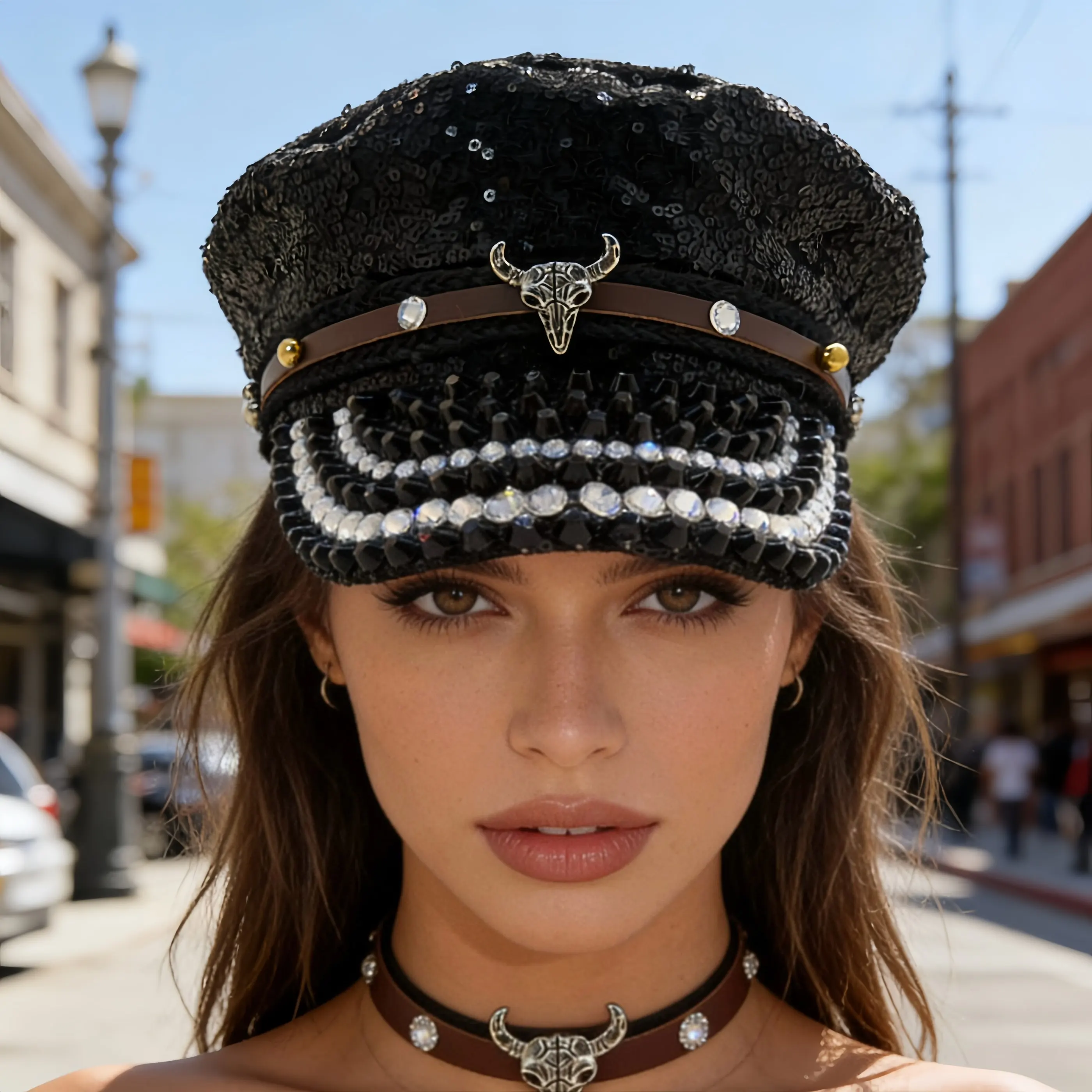 Steampunk Captain Hat Rhinestone for Burning Man Festival Woman, Music Festival, Halloween, Rave Accessories ＆ Party Caps