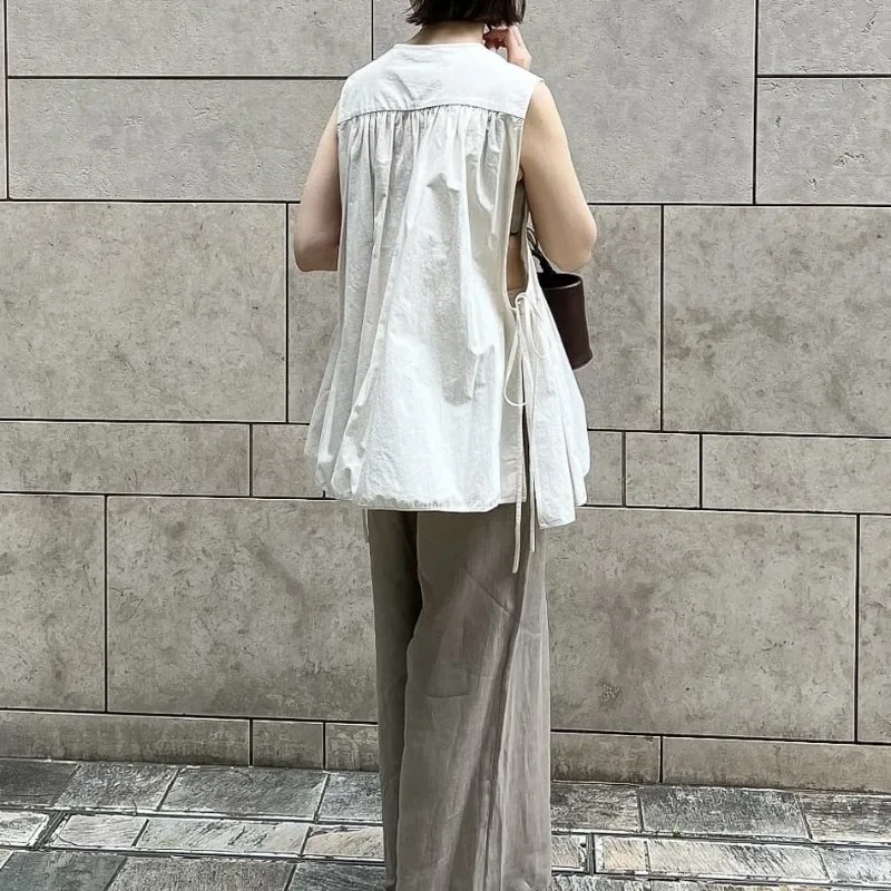 Pleated Ruffles Hem Shirts & Blouses 2024 Woman Blusas O-neck Sleeveless Ropa Mujer Japan Casual Camisas Summer New Roupas