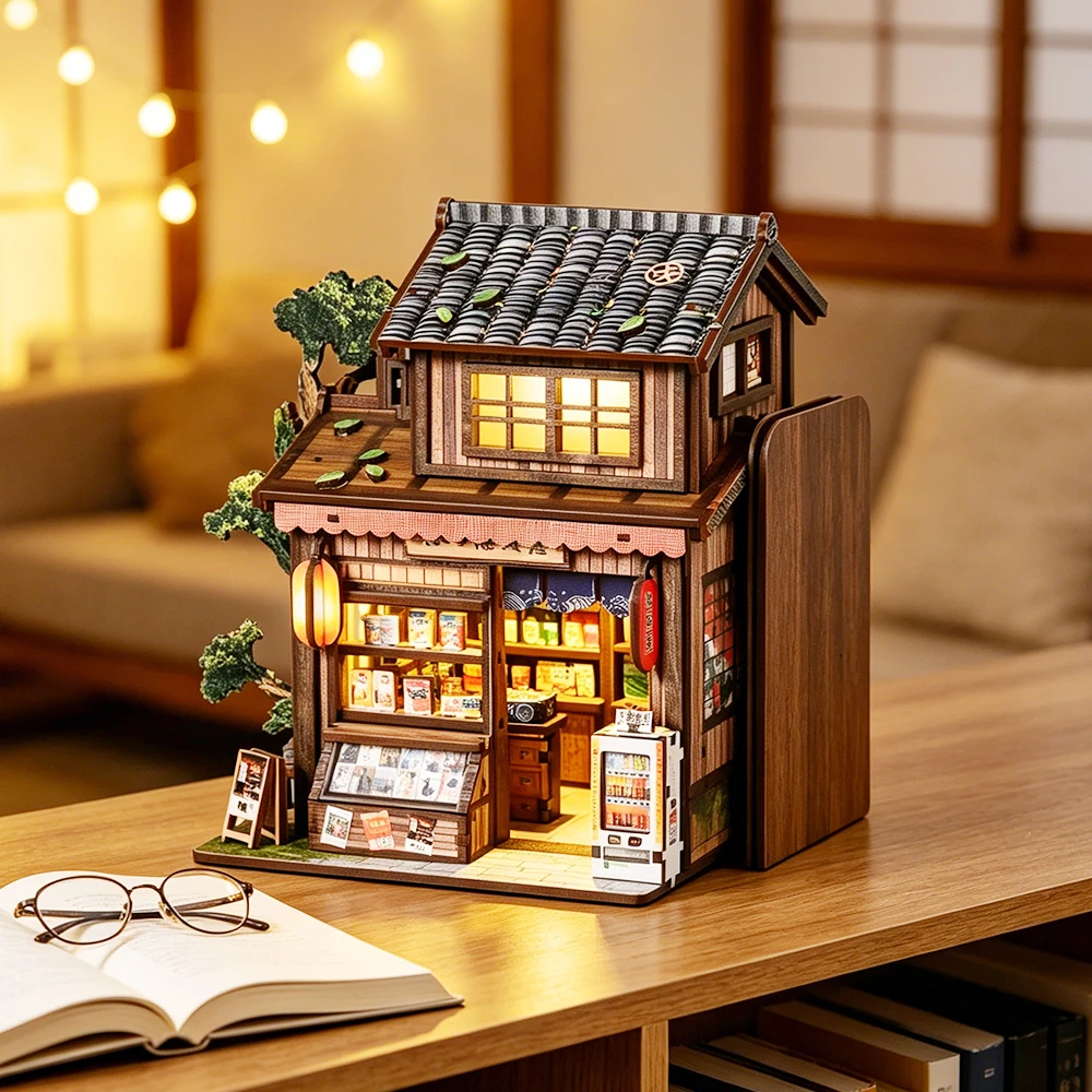 Book Nook Japanese Miniature Grocery House Bookends 209 PCS 3D Puzzle DIY Wooden Tiny Bookshelf Insert Decor Creative Gift