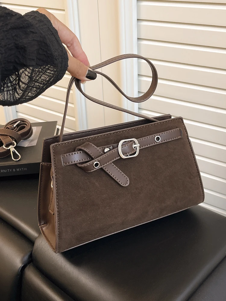 

Light Luxury Fashion Faux Suede Shoulder Bag for Women Chic French Classic Belt Buckle Design Messenger Bags Vintage Handbags