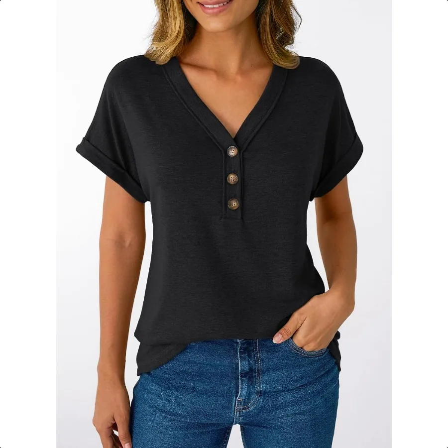 AUTOMET Koszulki damskie z krótkim rękawem i dekoltem w szpic Letnie, codzienne, suche topy z krótkim rękawem