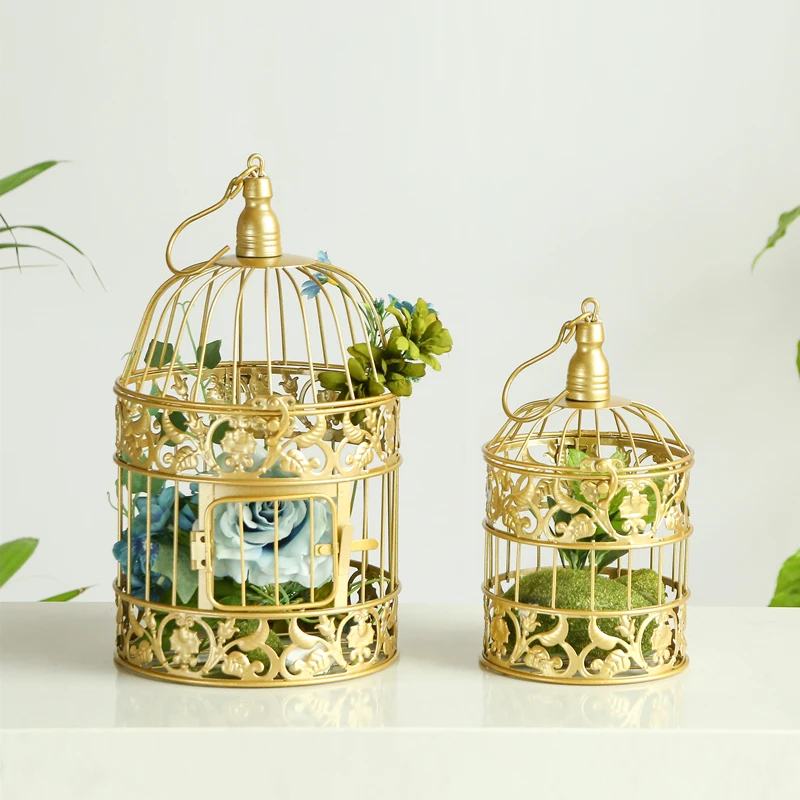 Gold Bird Cage Ornaments Iron Art Hotel Living Room Metal Bird Cage European Wedding Window Props