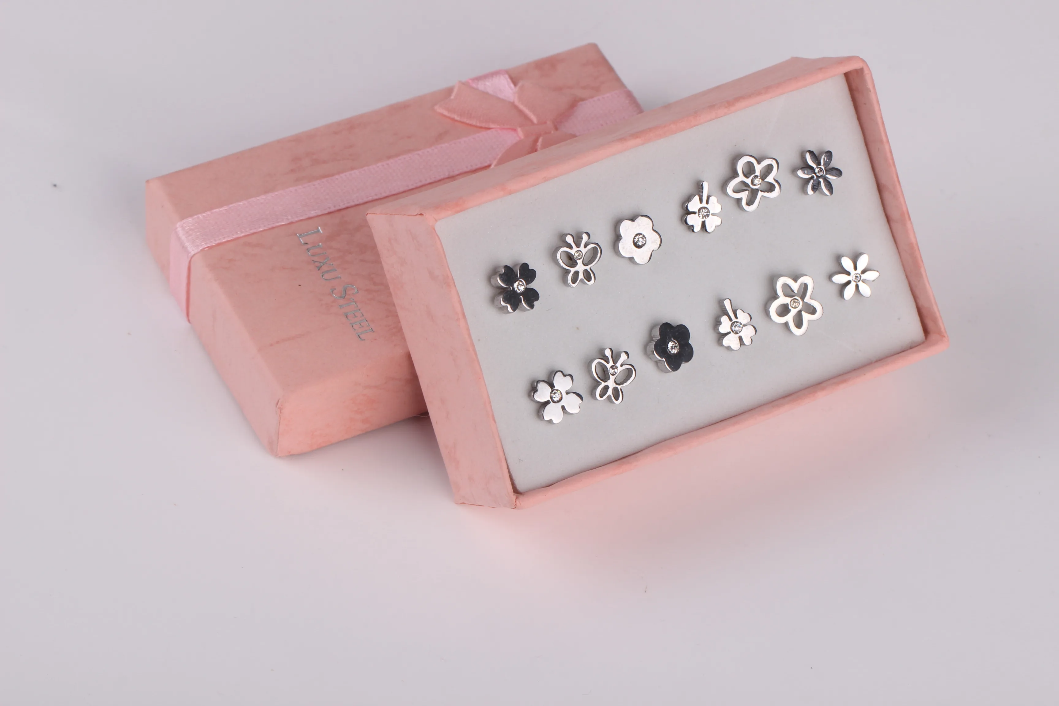 Luxusteel Flowers 6pairs Серьга для женщин девушки из нержавеющей стали кубические циркониевые наборы с костра модных украшений подарочная коробка