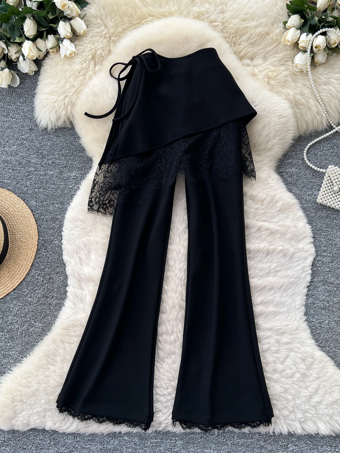 Commute Style Fake Two-Piece Belted Flared Pants High Waist Slimming Black Casual Long Trousers for Women Autumn 2026