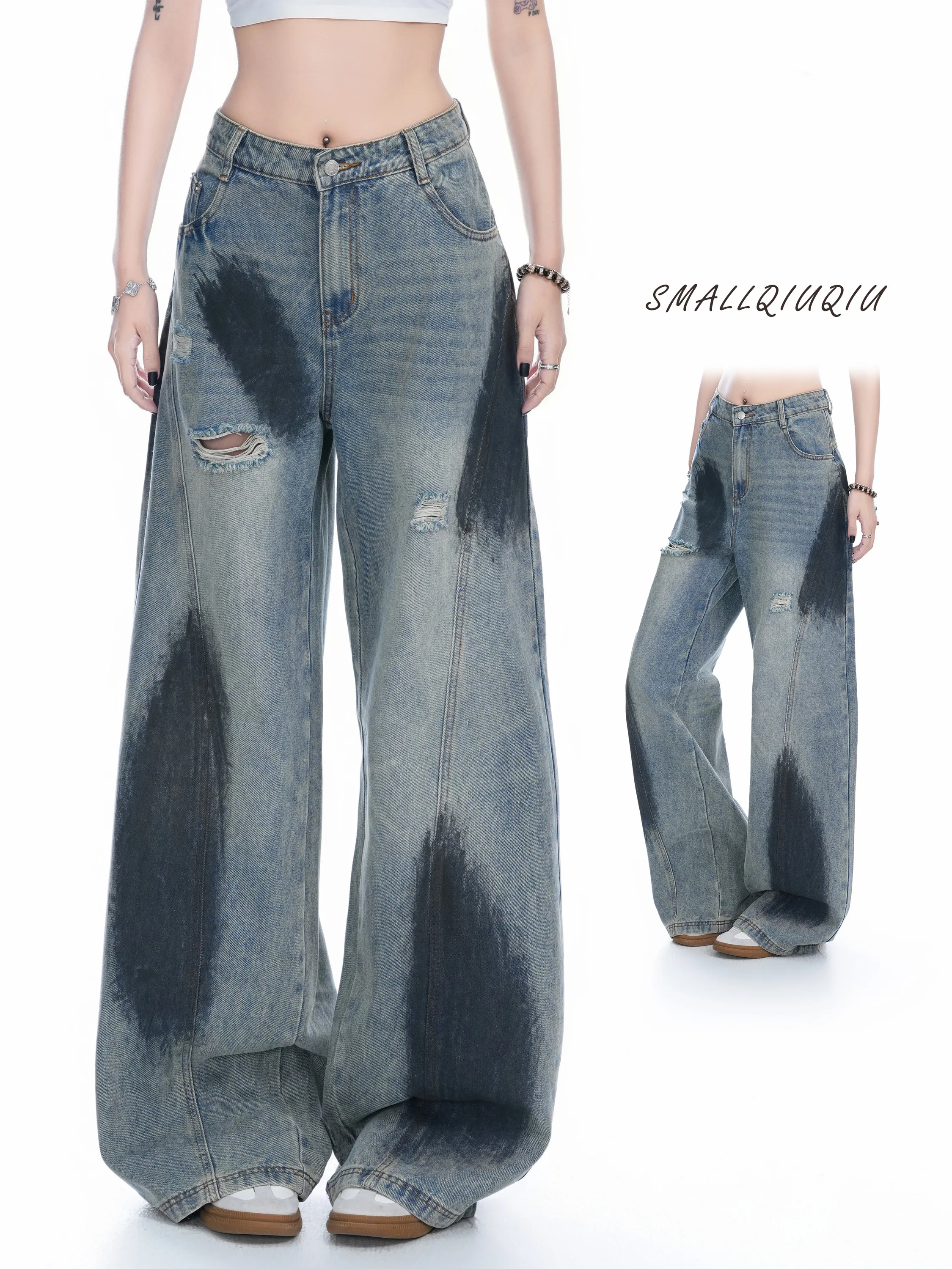 Original American Retro Graffiti Tie Dye Wide Leg Jeans Women Loose Straight Cut Floor Length Trousers Fashionable Summer Jeans