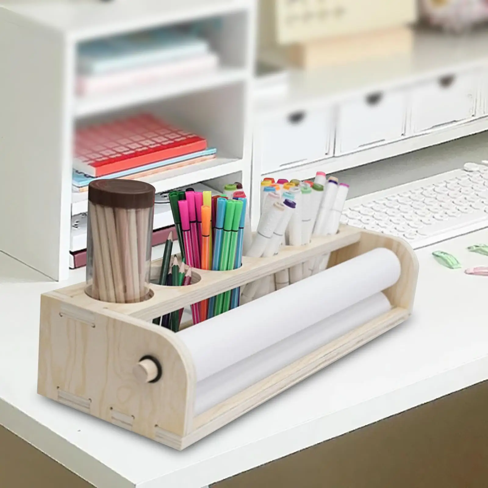 

Desktop Paper Roll Dispenser Wirh 25 Meter Paper Roll with 12 Coloring Pens Wooden Tabletop Easel for Kids Artwork Murals