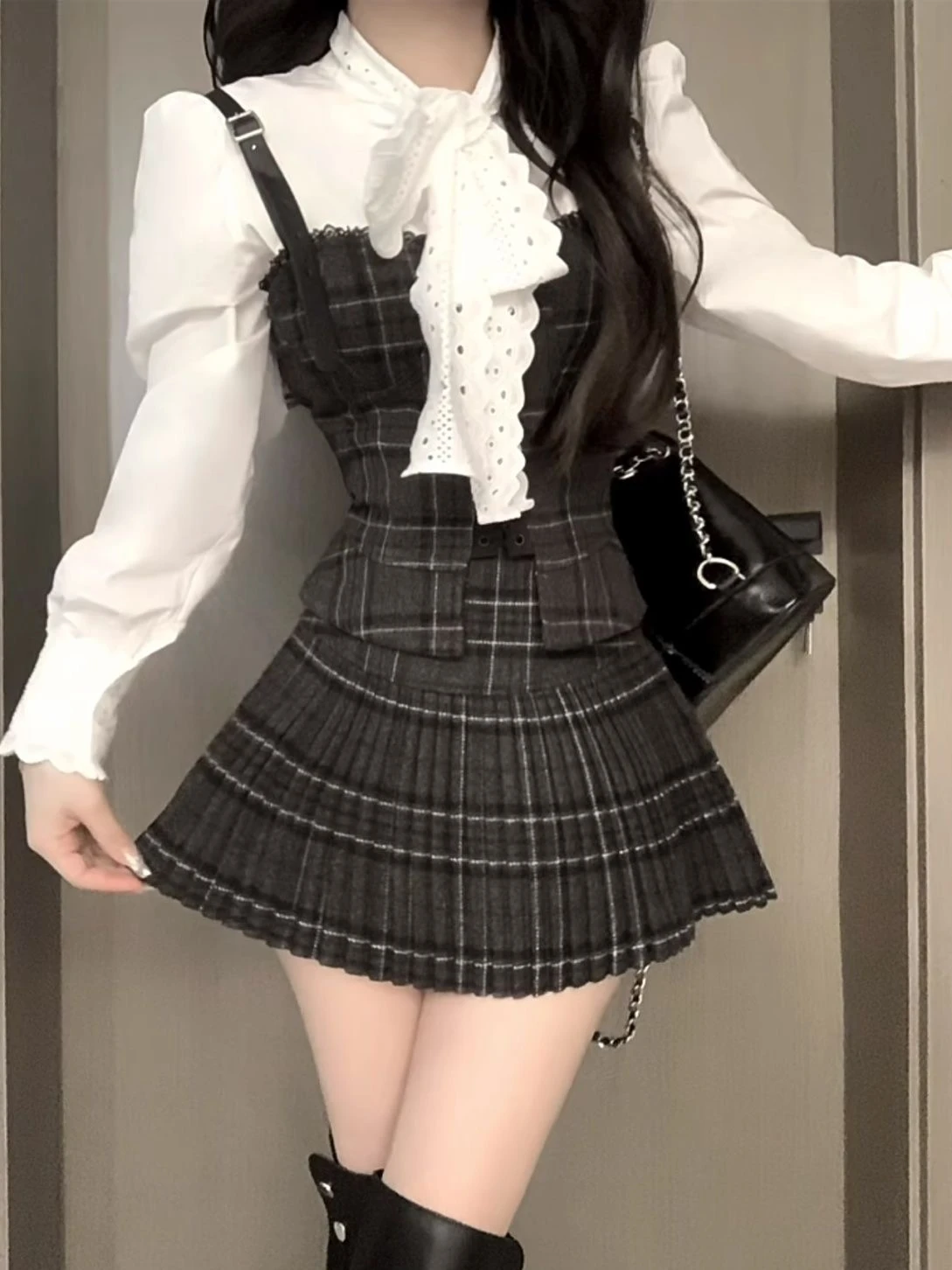 

Модный комплект: жилет в клетку и плиссированная юбка в стиле ретро для школы, из хлопка, весна 2024