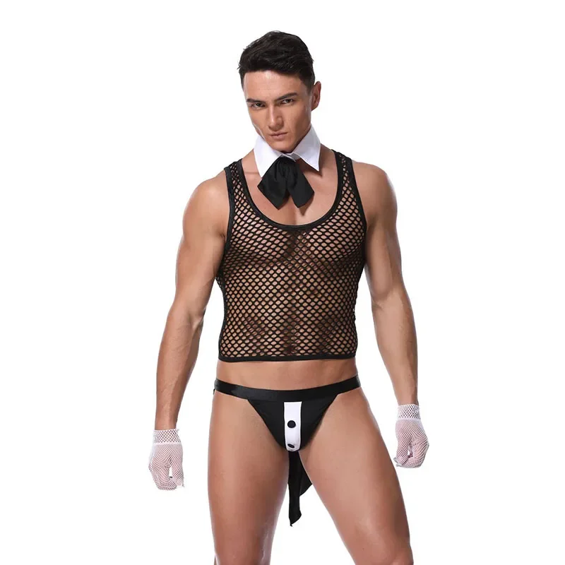 

Mens Butler Waiter Tuxedo Lingerie Suit Hollow Out Fishnet Undershirt With Bow Tie Sexy Role Play Men Maid Halloween Costumes