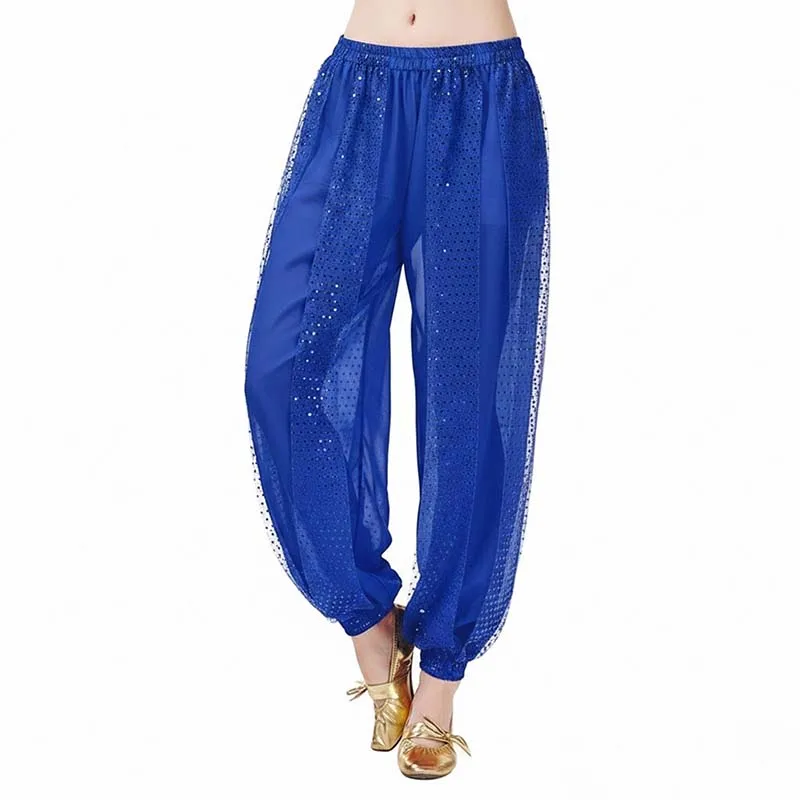 Women Belly Dance Harem Pants Shiny Sequin Chiffon Loose Bloomers Arabic Indian Lantern Pants for Cosplay Stage Performance image 2