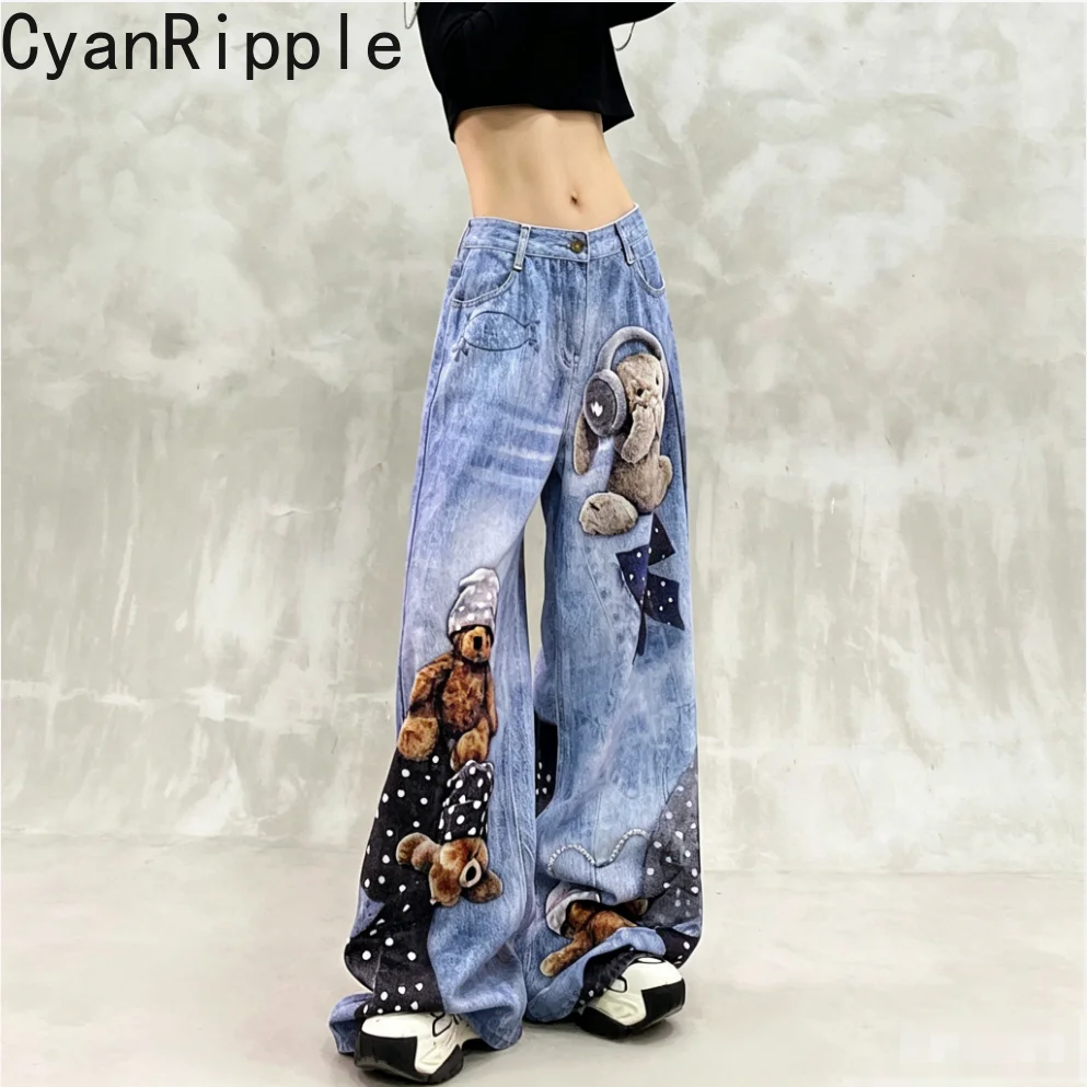 Sweet Cool Spice Girls Bear Printing Women Denim Trousers Spring Summer Wide Leg Jeans High Waist Women Casual Straight Pants