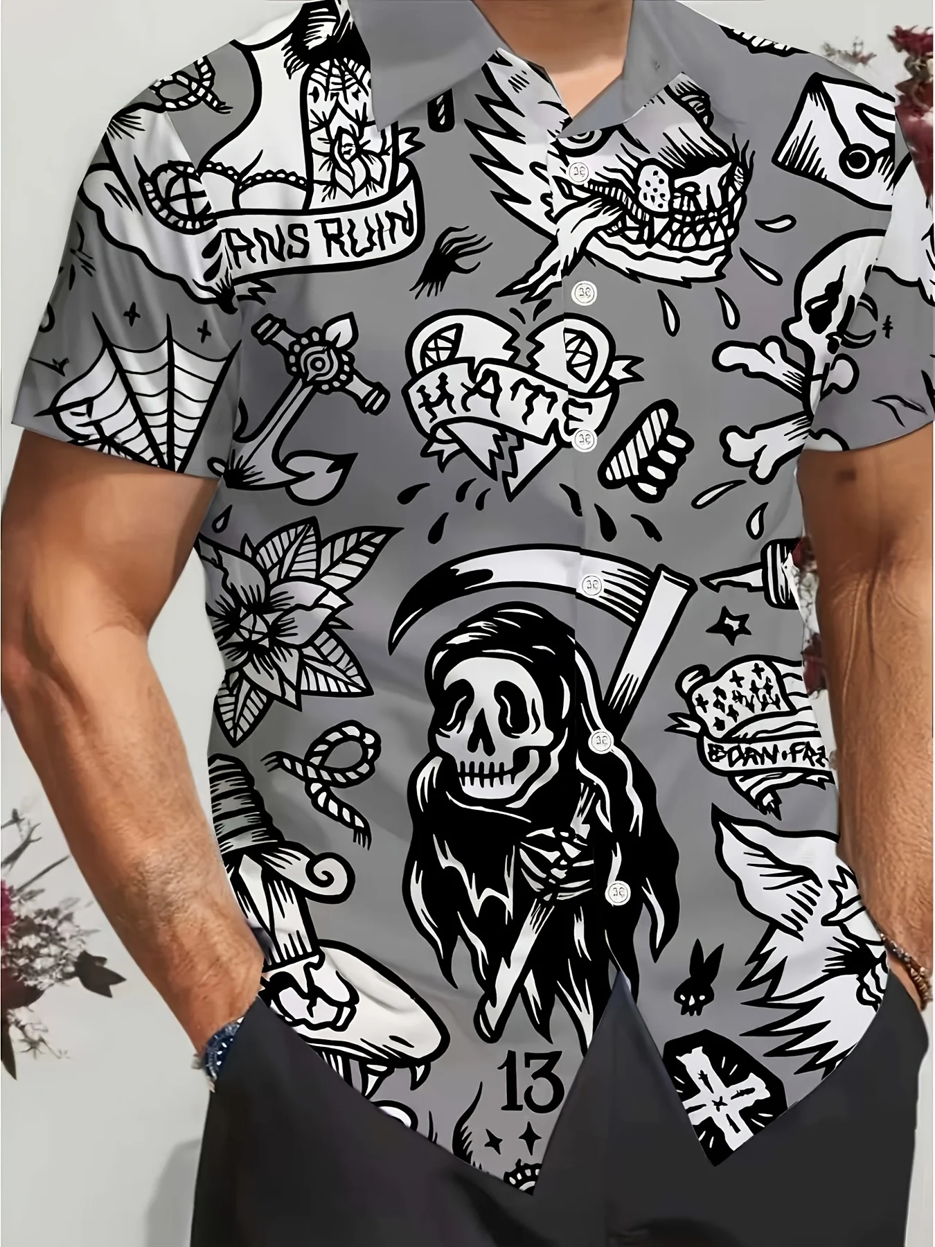 เสื้อเชิ้ตแขนสั้นลายวินเทจแบบด - Shirt Camp Collar บทวิจารณ์และราคา
