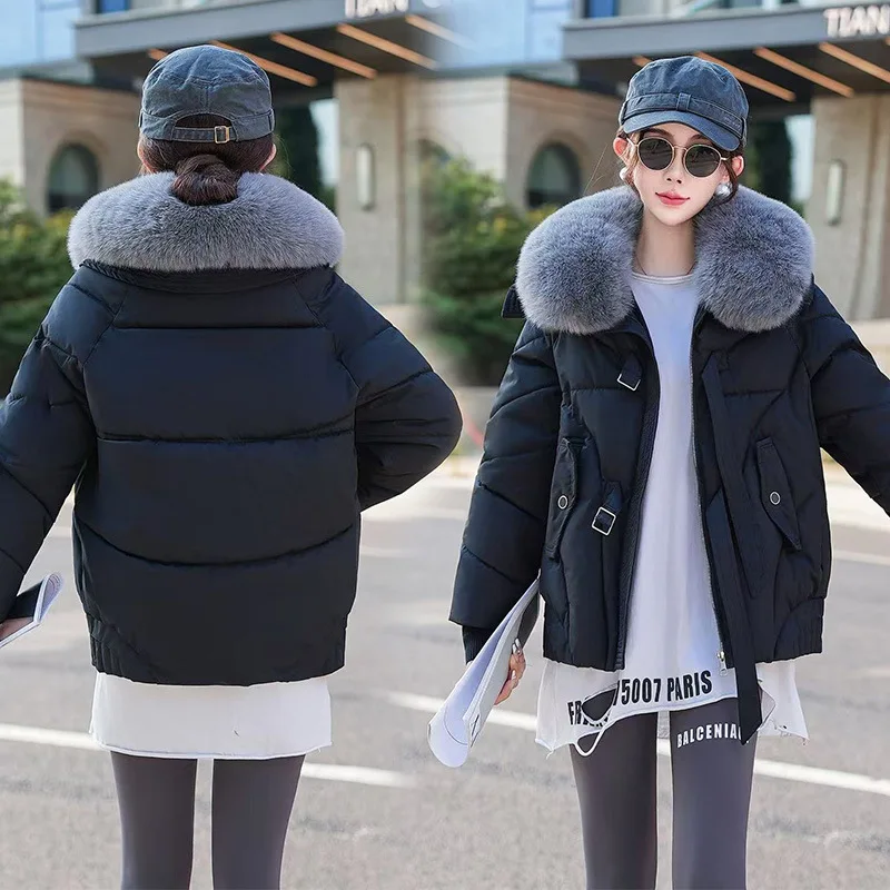 piumino moda donna parka inverno 2025 nuova giacca imbottita in cotone caldo femminile corto capispalla allentato grande collo di pelliccia giacca a vento