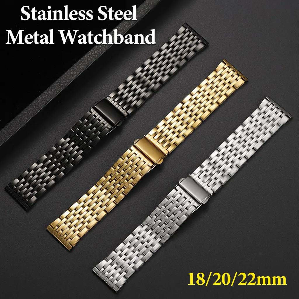 9-Perlen Poliertes Edelstahl-Uhrenarmband für Huawei Seiko 18mm 20mm 22mm Universelles Luxus-Metall-Gliederarmband mit Verschluss