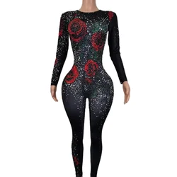 Kombinezon damski Singer Dj Sparkly Sexy Black Rose Crystal Jumpsuit Rhinestones Skinny Dance Jumpsuit Stage Ds Performance Wear