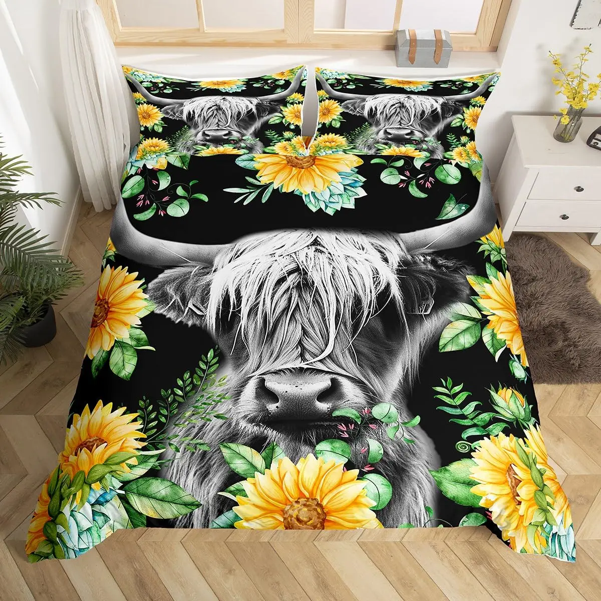 Highland Cow Duvet Cover King Microfiber Western Farmhouse Animal Bedding Set Leopard Cow Skin Fur Floral Print Comforter Cover