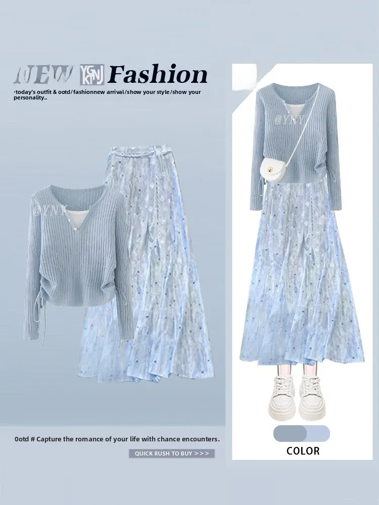 

Sweet Blue Set Women's Summer Anti-Aging Fake Two-Piece Drawstring Knitted Top Floral Half-Skirt Fashionable Casual Outfit