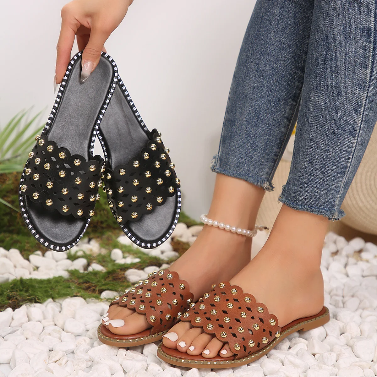 Women's Fashion Slide Sandals - Summer Beach Casual Flats With Faux Pearl & Stud Accents