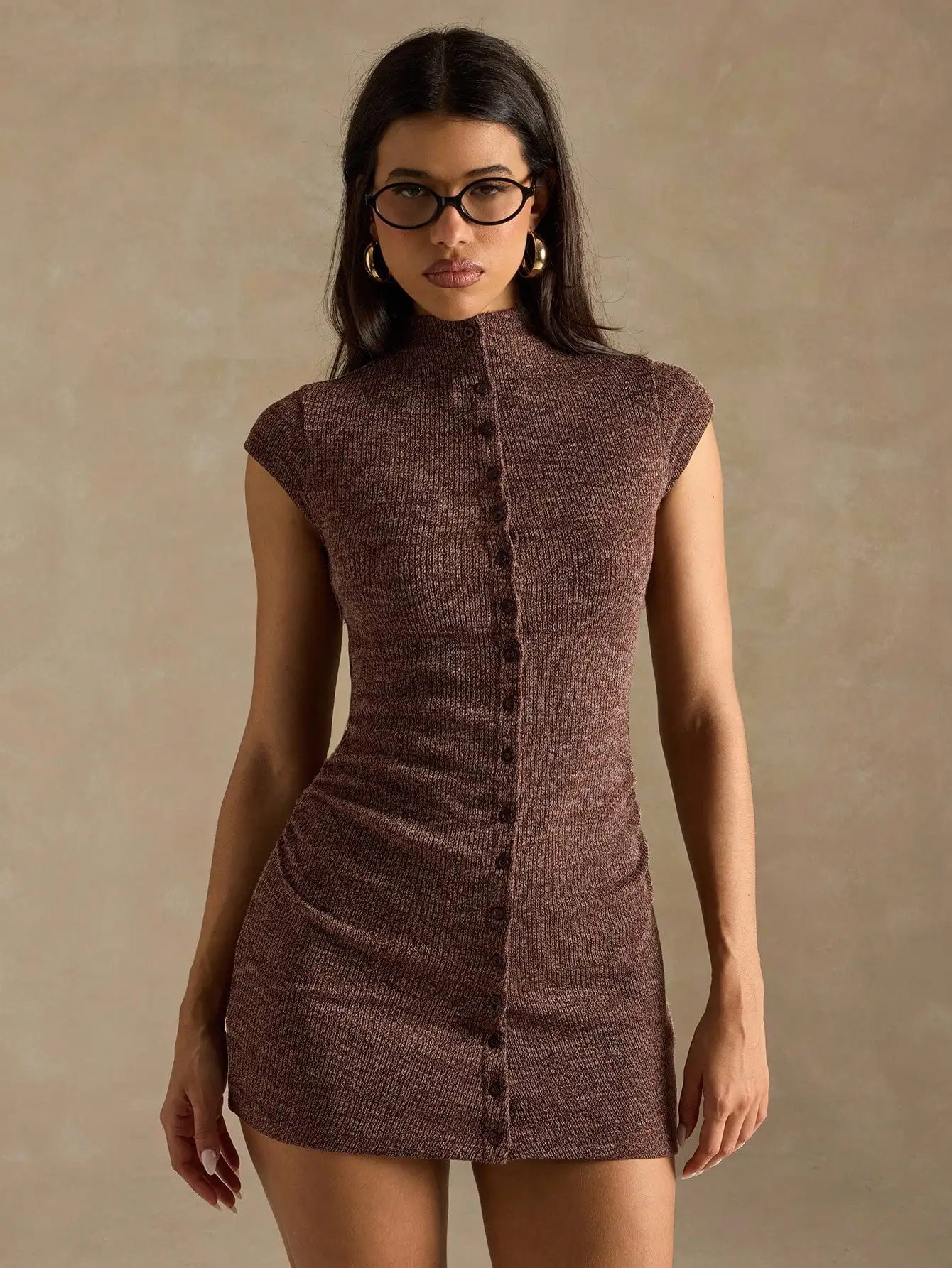 

Women's Brown Knitted Cap Sleeve Mini Dress with Front Buttons
