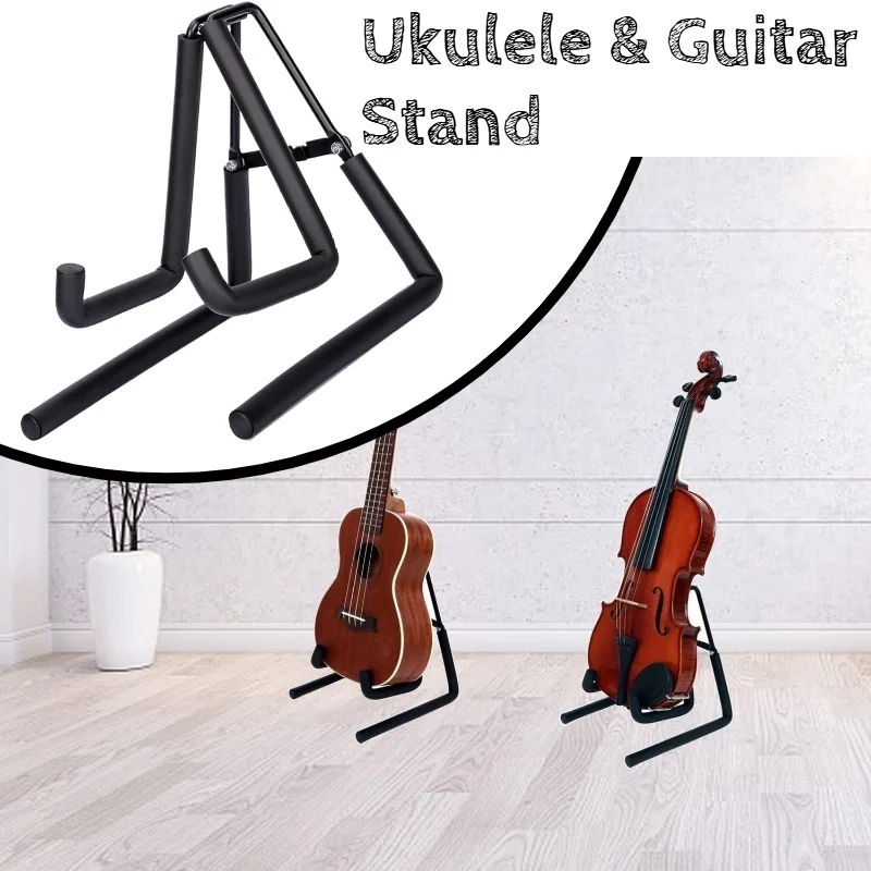 Ukulele-Ständer, faltbar, stehender Halter für Uke-Violine, Instrument, A-Rahmen, Metall, dick, mit Schaumstoff gepolstert, rutschfest, tragbar, schwarz