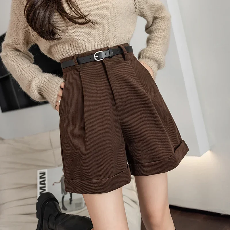 Retro High-waisted Curling Corduroy Shorts Women Korean Style Slim Fit A-line Booty Shorts Fashion Allmatch Street Wear Trouser