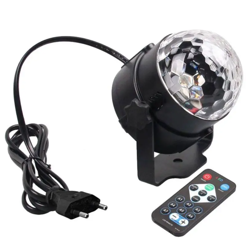 리모컨으로 제어되는 사운드 활성화 RGB 디스코 LED 무대 조명 7가지 모드 회전 크리스탈 파티 바 클럽 축제 DJ용