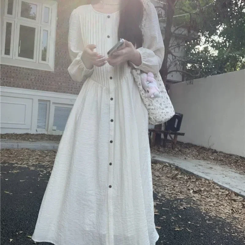 Design High Waist Loose and Long A-line Skirt Trendy Korean Pleated Long Sleeved Dress Women's New