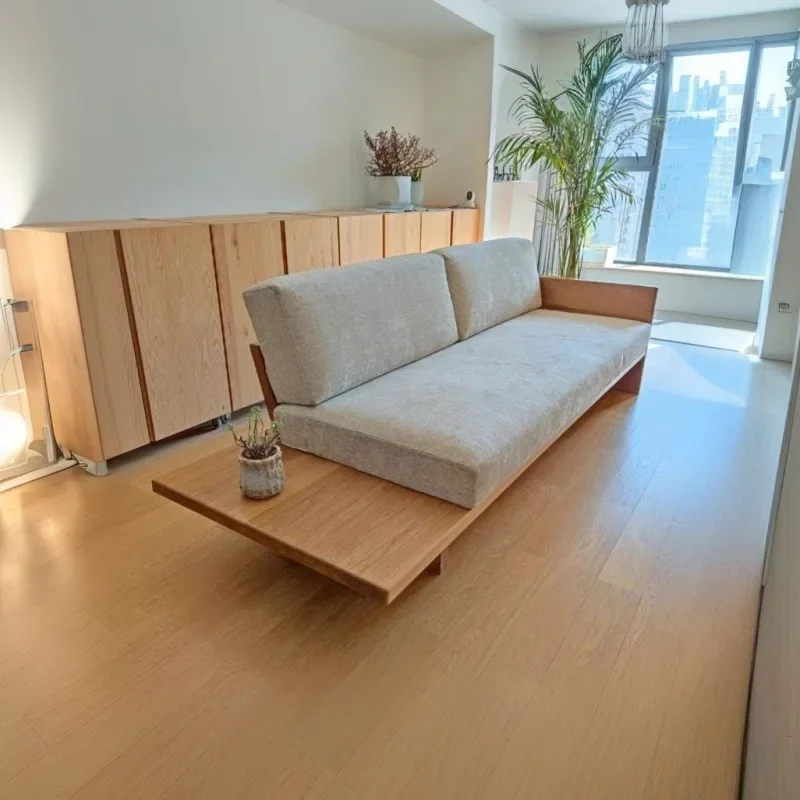 

Nordic small apartment Japanese-style ash wood solid wood sofa wabi wind living room fabric removable and washable bed