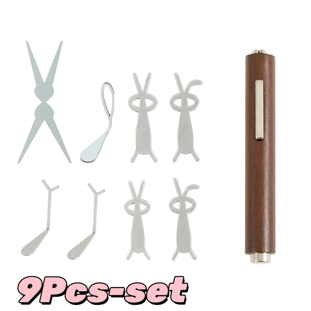 9Pcs Cat Eye Magnet Set with Wooden Handle for Nail Art Heart V Shape Rabbit Petal Hollow Effect Strong Magnetic Styling Tools